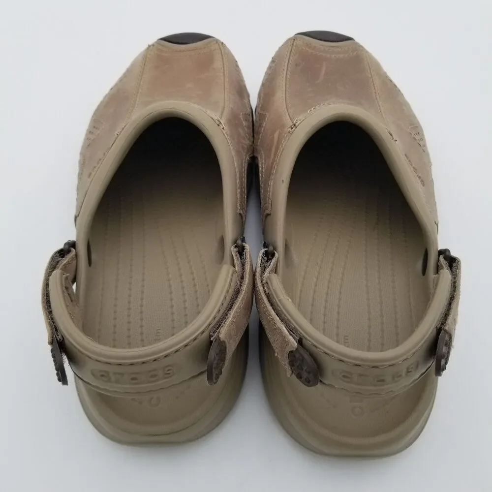 CROCS Swiftwater Light Brown Leather Adjustable Strap Slip On Clogs Mens Size 9
